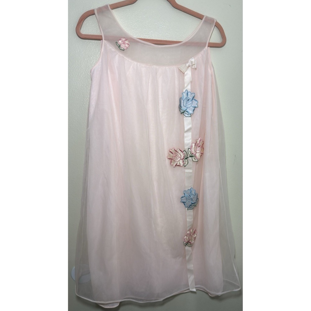 Aristocraft Nightgown Pink Babydoll M Sheer Floral Embroidered Mesh Vtg Nightie